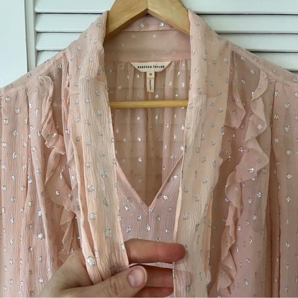 Rebecca Taylor x Revolve Metallic Dot Ruffle Blouse Long Sleeve | Pink | Size 10 - Picture 5 of 16